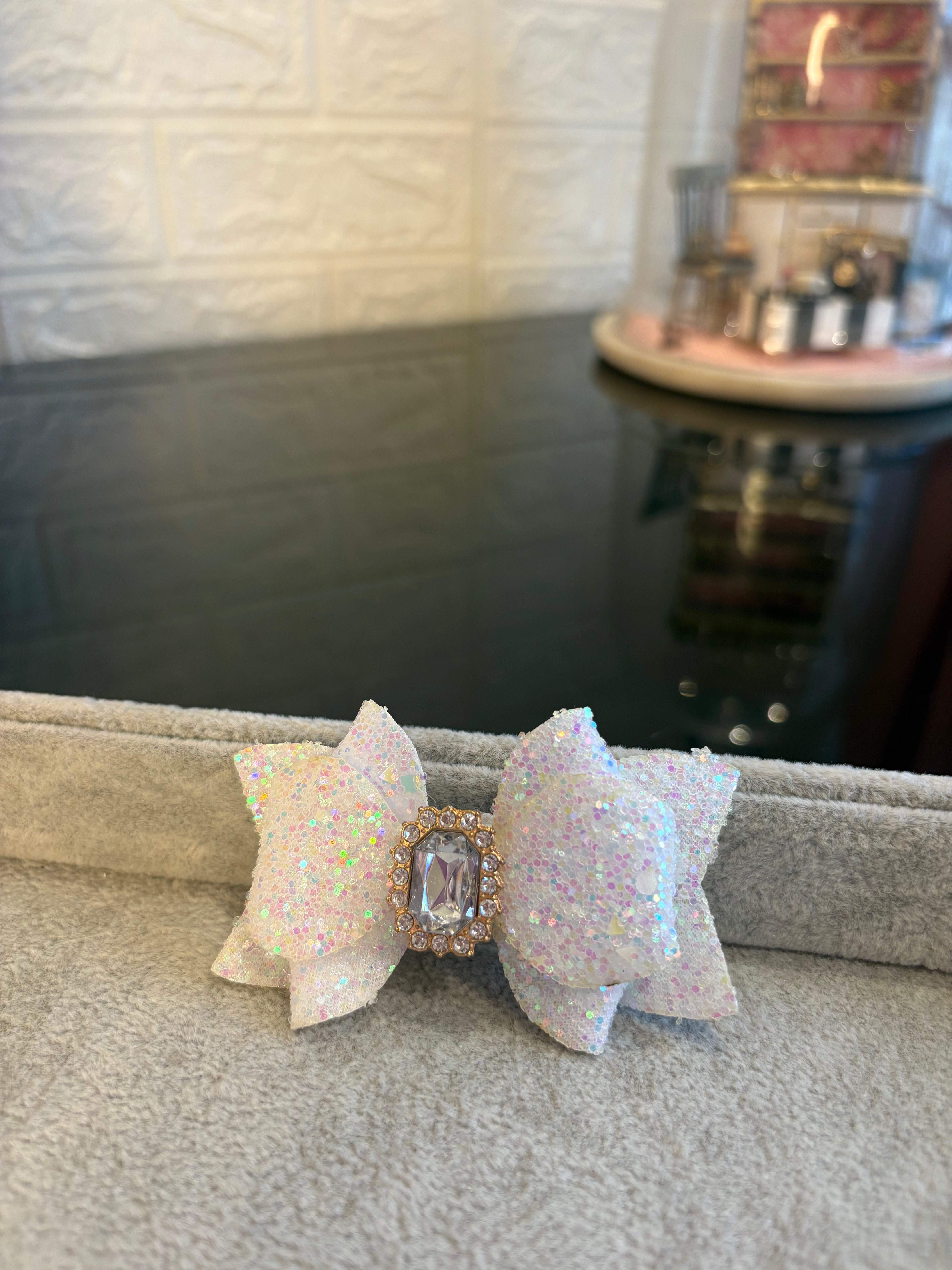 White Glitter Gem Hair Bow