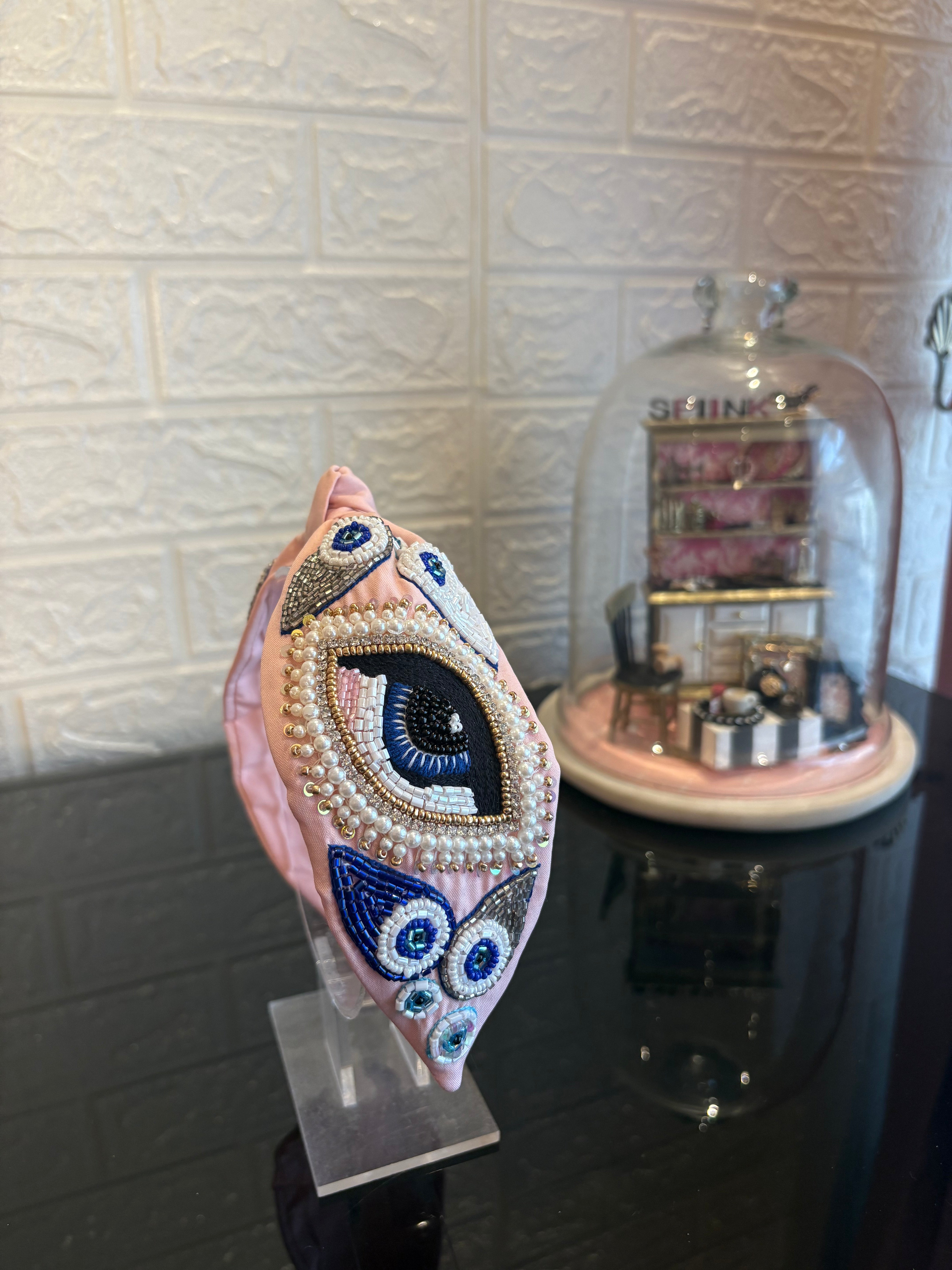 Evil Eye Peach Initial Turban Hairband