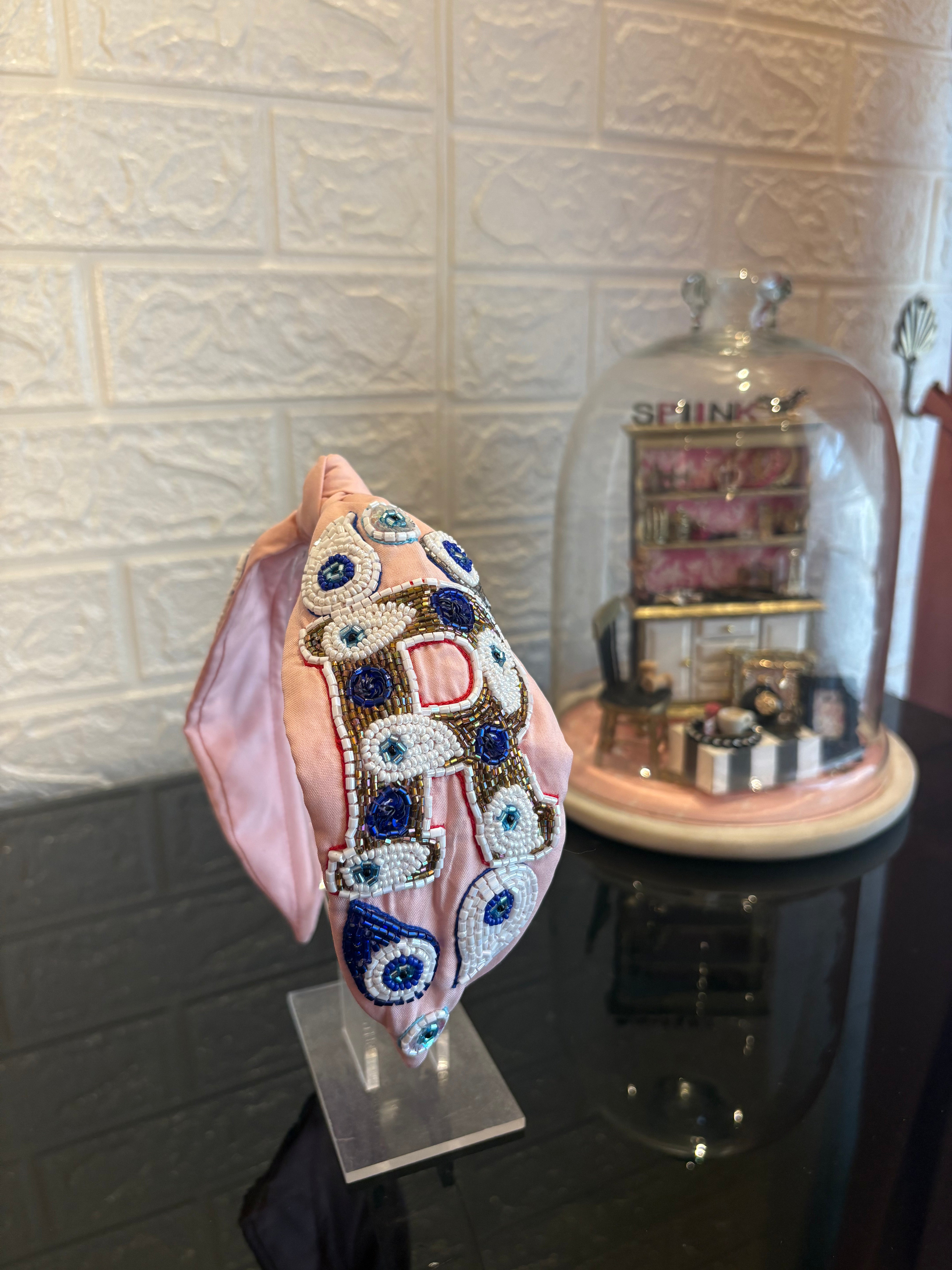Evil Eye Peach Initial Turban Hairband