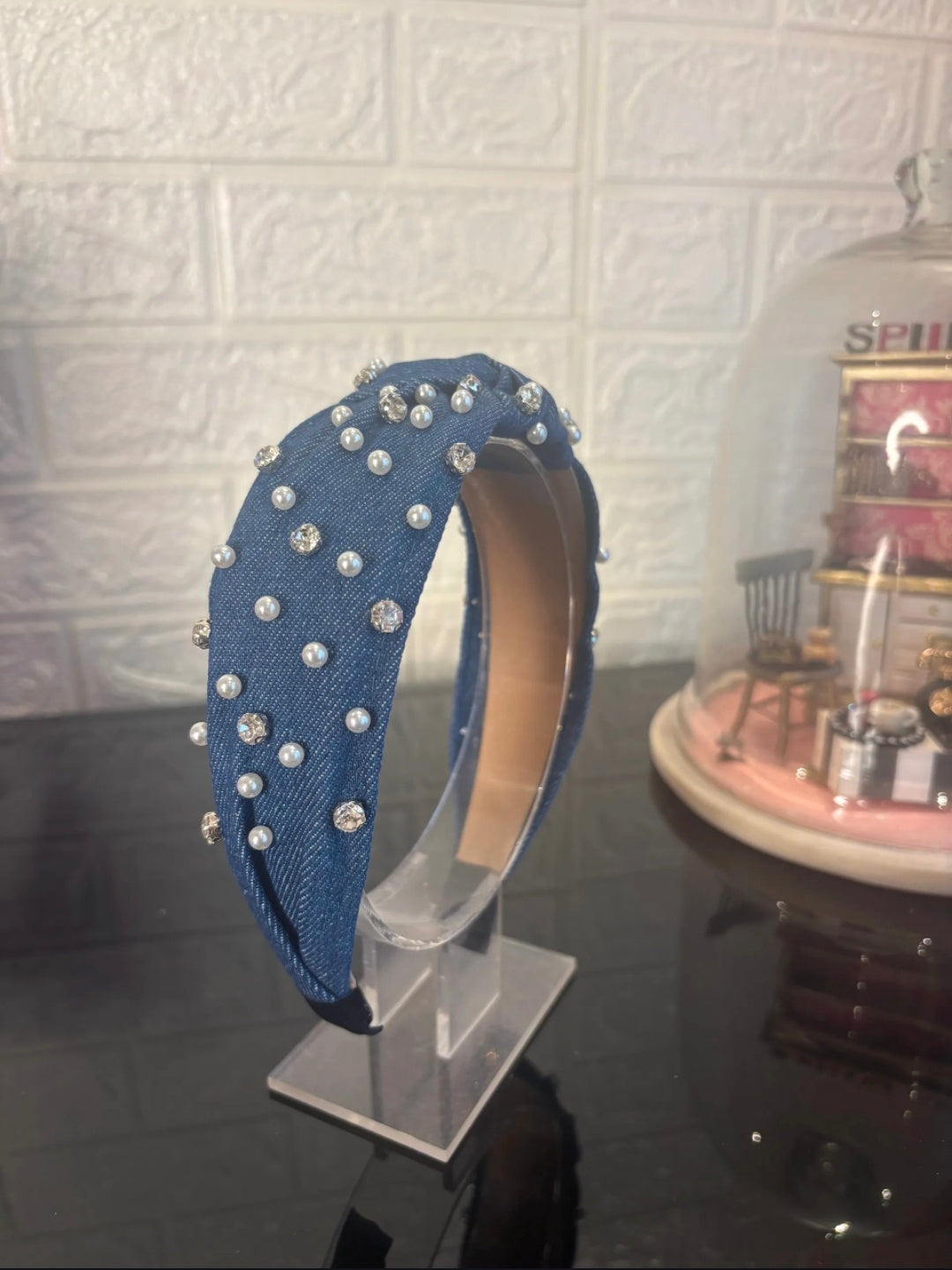 Navy Blue Pearl Denim Hairband