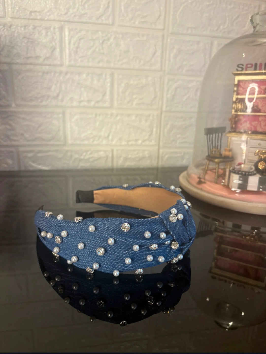 Navy Blue Pearl Denim Hairband