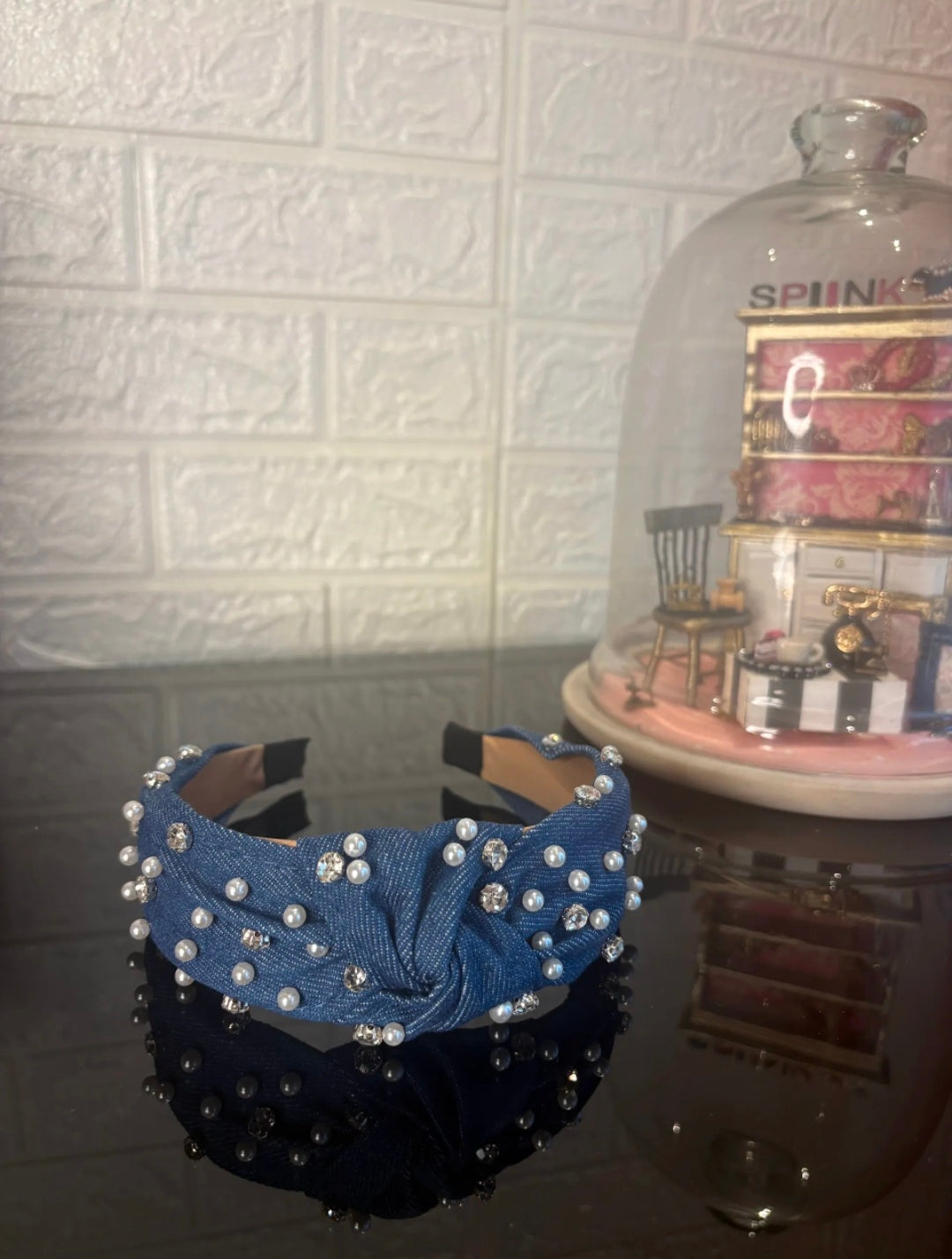 Navy Blue Pearl Denim Hairband