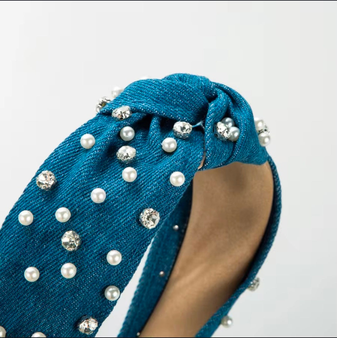 Navy Blue Pearl Denim Hairband