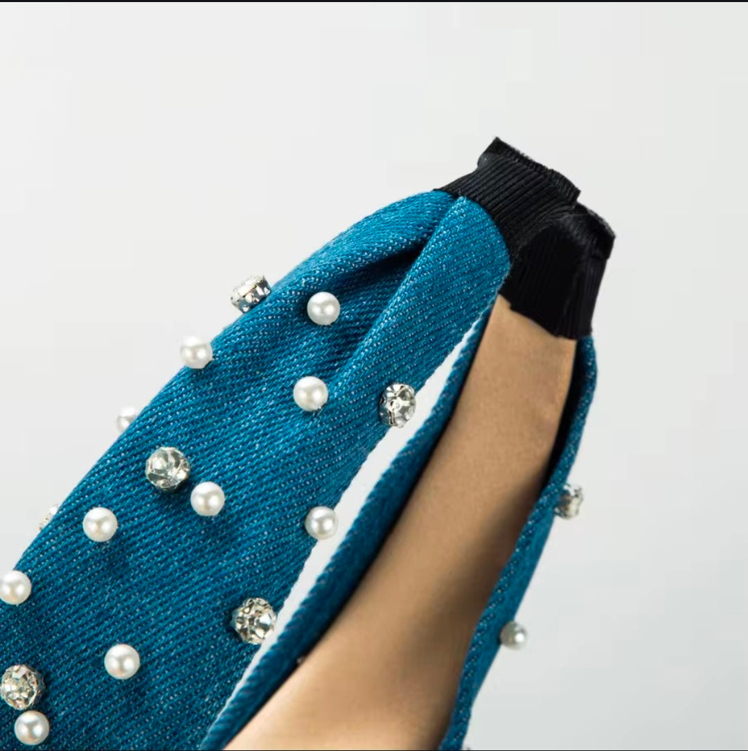 Navy Blue Pearl Denim Hairband