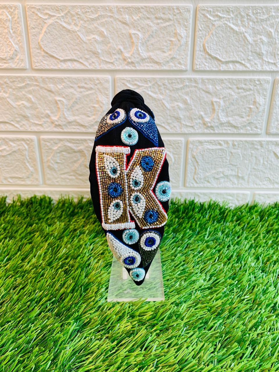 Evil Eye Initial Black Hairband