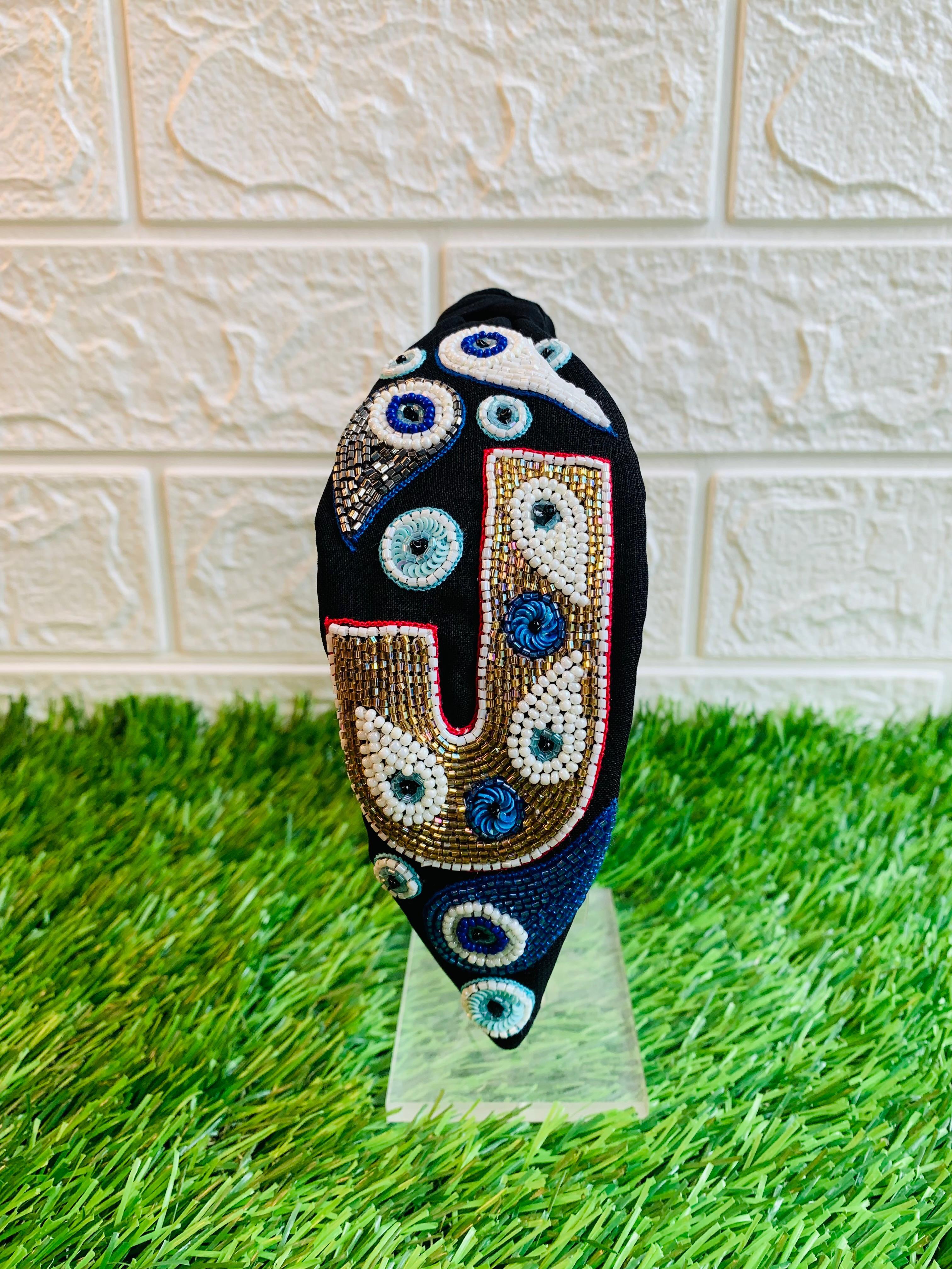 Evil Eye Initial Black Hairband