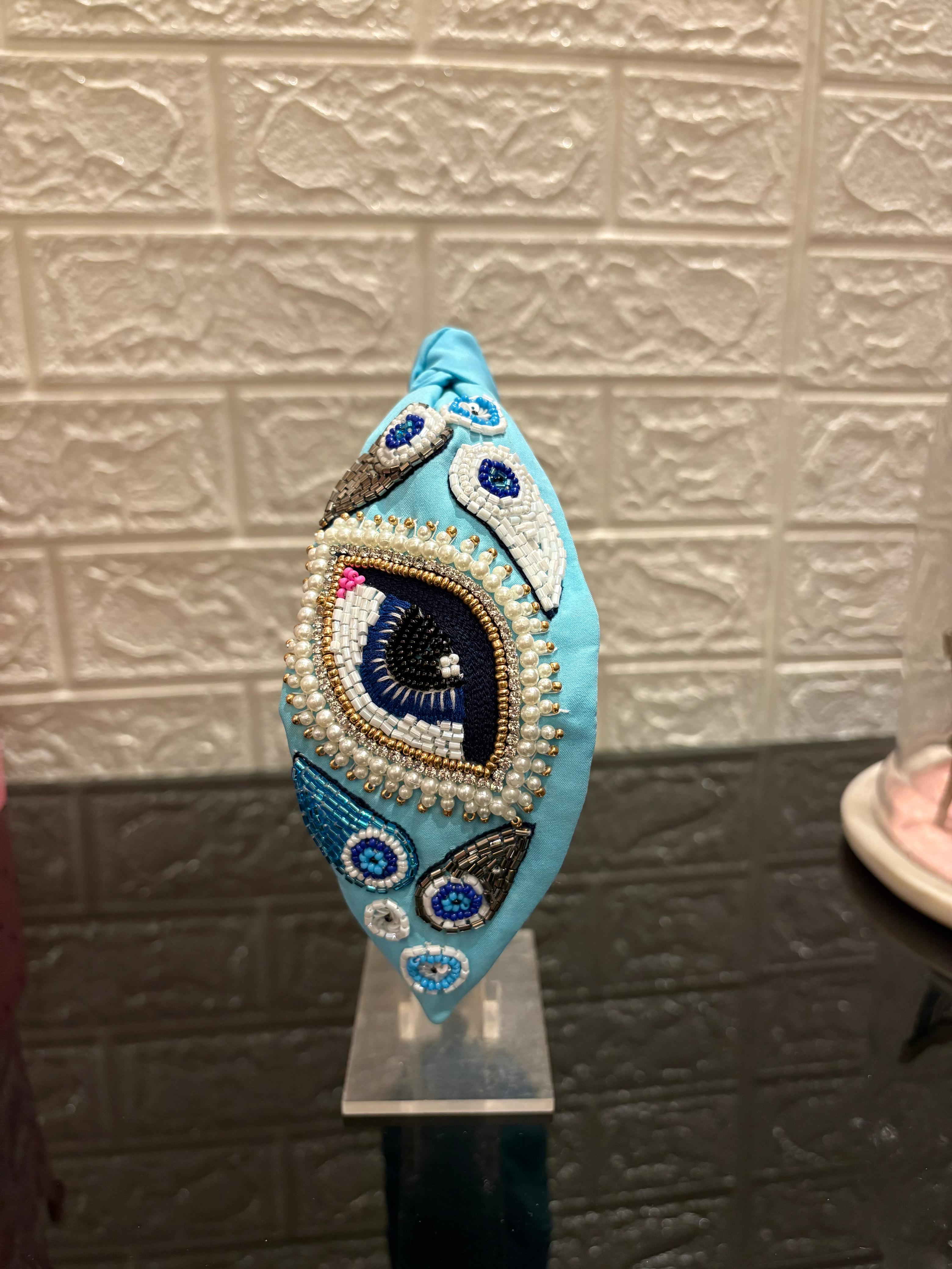 Evil Eye Initial Blue Turban Hairband