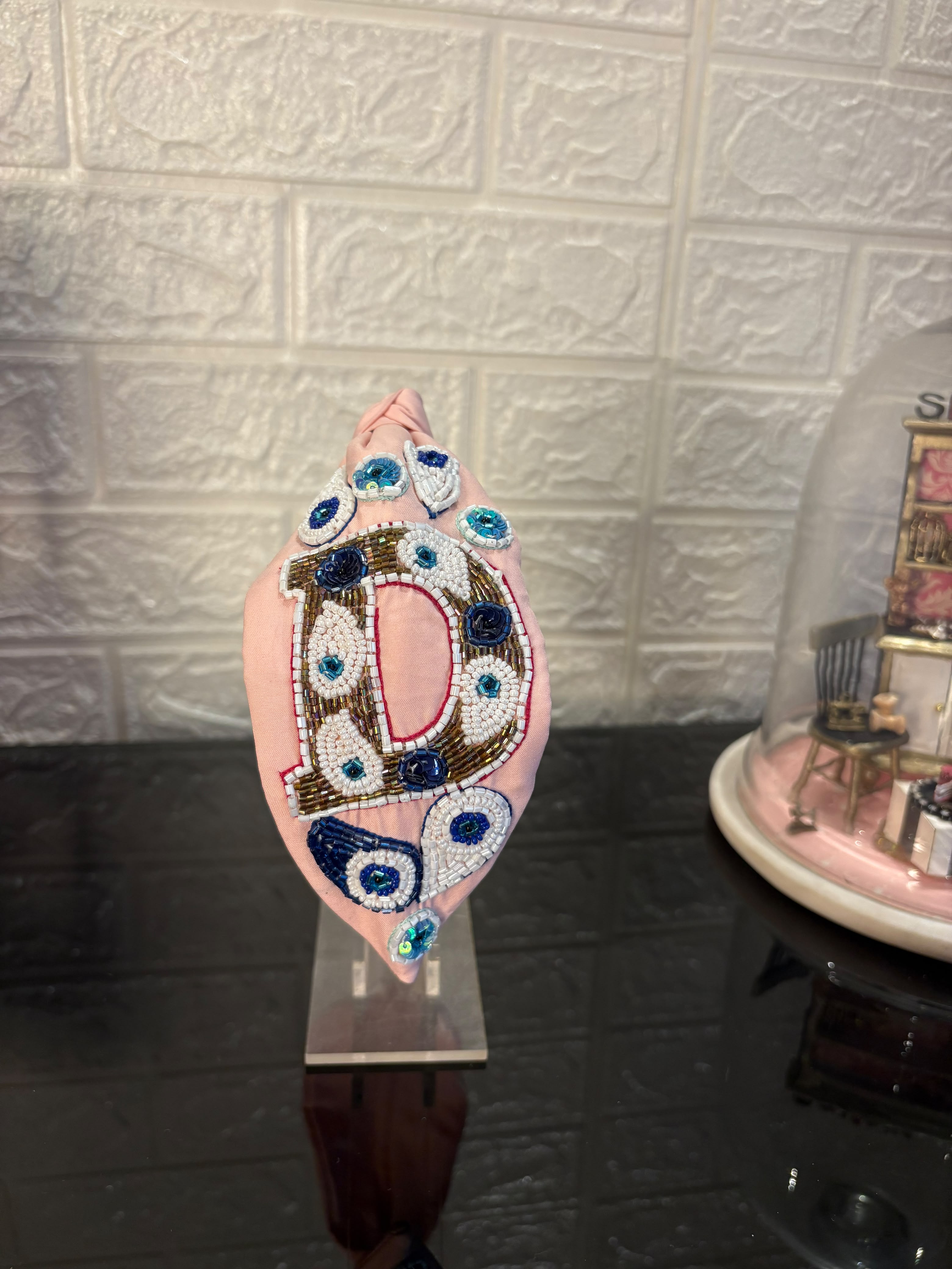 Evil Eye Peach Initial Turban Hairband